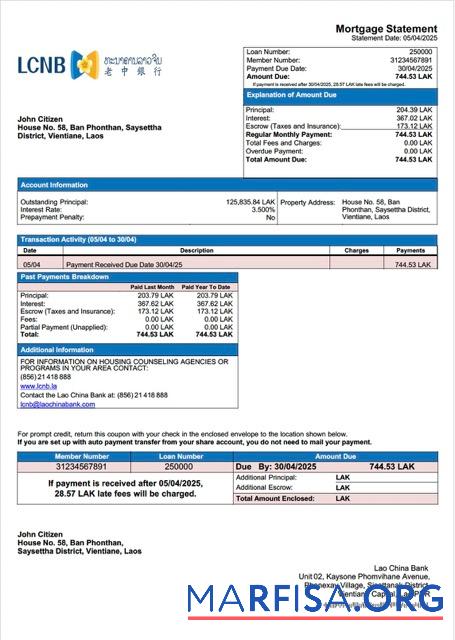 Blank Laos Lao China Bank mortgage statement Word and PDF template